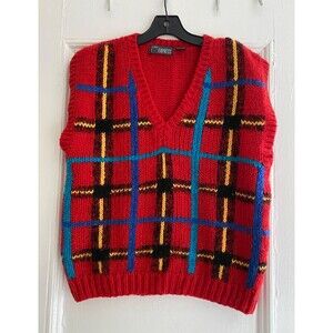 Vintage 90s Express Plaid Knit Sweater Vest Red Blue Grunge Preppy M